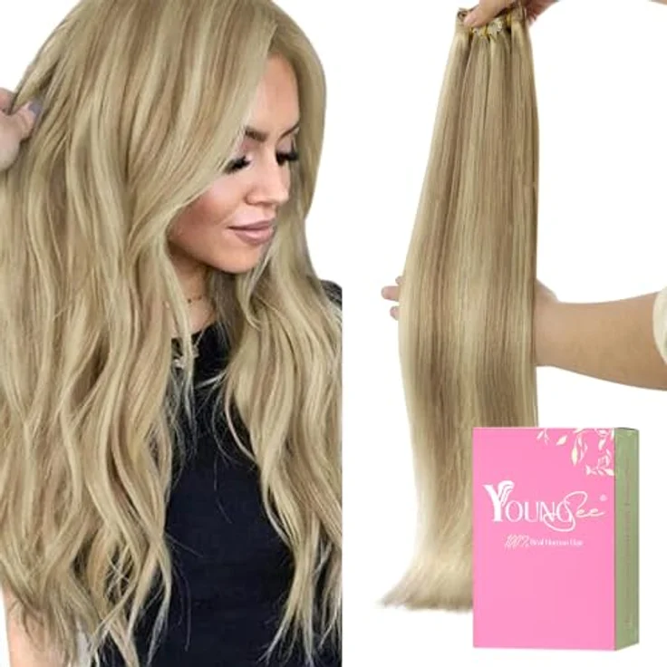 YoungSee Echthaar Extensions Clip-In, 50 cm, 120 g, Goldblond #16/22, geeignet für Volumen und Länge – Bild 1