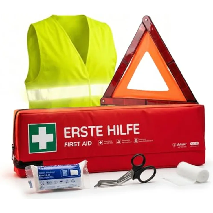 FLEXEO KFZ-Verbandkasten DIN 13164:2022, Erste-Hilfe-Tasche mit Warnweste und Warndreieck, gesetzeskonform und erweiterte Ausstattung