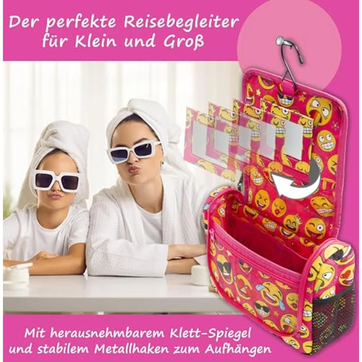 GRINSEZWERGE Kulturtasche für Kinder und Erwachsene, Reise Kulturbeutel mit 12 Motiven, 25 x 20 x 8 cm, zum Aufhängen, mit Metallhaken und herausnehmbarem Spiegel – Bild 4