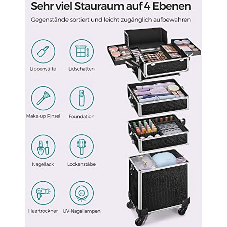 SONGMICS Alu Trolley, Kosmetikkoffer mit Rollen, Friseurkoffer, Schminkkoffer ohne Inhalt, Handgepäck, Beauty Case, 4 in 1, XXL, schwarz JHZ06B - Robuster Beauty Case mit Aluleiste, geräumige Aufteilung und Abschließfunktion – Bild 3