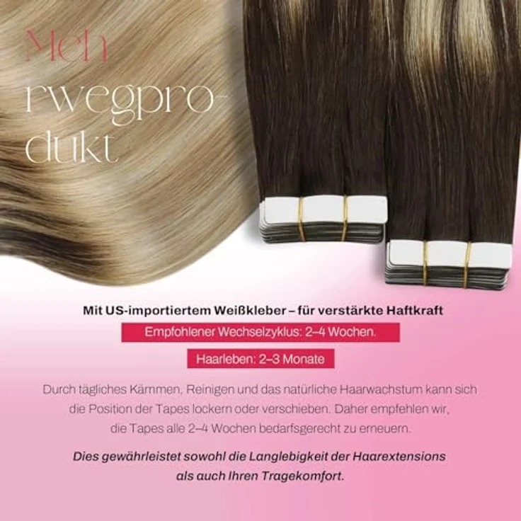 Moresoo Invisible Tape Extensions, 35 cm Echthaar Haarverlängerung in Dunkelbraun bis Karamellblond mit Platinblond, 20 Stück, 50g/Pack, seidig gerade #2/27/613 – Bild 3
