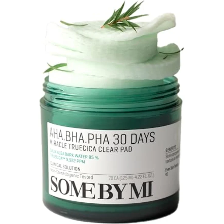 SOME BY MI AHA BHA PHA 30 Days Miracle Truecica Clear Pad – 70 Pads, 4,22 Unzen, 125 ml – Mildes Peeling-Toner-Pad mit niedrigem pH-Wert für empfindliche Haut – Akne-Pflege - Teebaum & Centella Asiatica Bark Extrakte – Bild 1