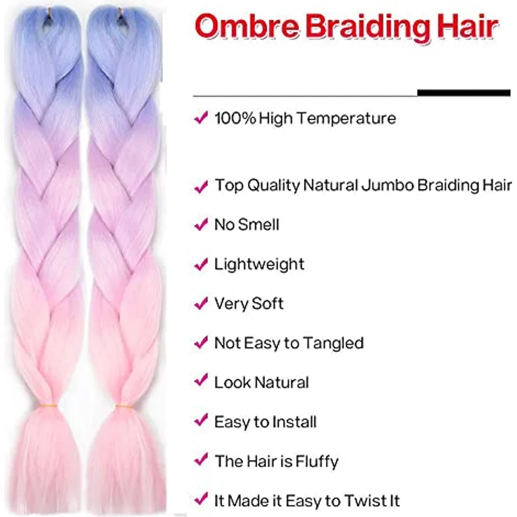 Shangxiu 3 Packs Kunsthaar zum Einflechten, Jumbo Braids Extension 24", Ombre Synthetisches Flechthaar in Blau/Hellviolett/Rosa – Bild 2