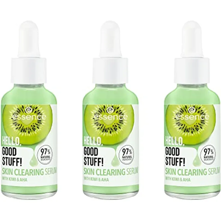essence HELLO, GOOD STUFF! SKIN CLEARING Serum, Grünes Gesichtsserum mit AHA und Kiwi-Wasser, feuchtigkeitsspendend, vegan, ölfrei, 3er Pack (3x30ml)