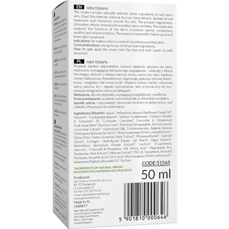 Apis Natural Cosmetics Professionelle Herren Glättungs- und Beruhigungs-Gesichtscreme, 50ml - Intensive Regeneration, Mineralien aus dem Toten Meer, Hyaluronsäure und Baobaböl для trockene, reife Männerhaut – Bild 2