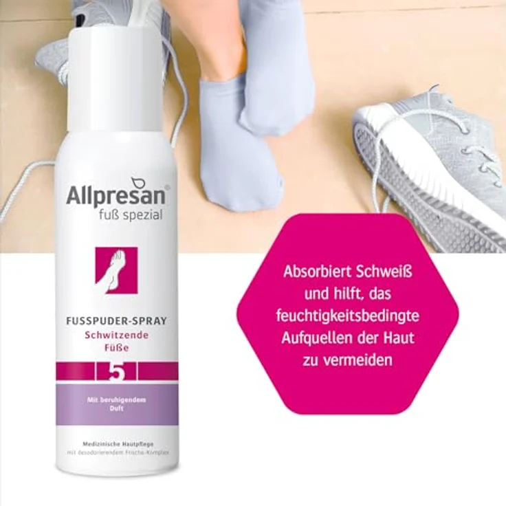 Allpresan Fuß spezial Nr. 5 Fußpuder-Spray, 125ml, gegen schwitzende Füße, ohne Aluminiumsalze & Konservierungsstoffe, für angenehmen Duft und trockene Haut – Bild 5