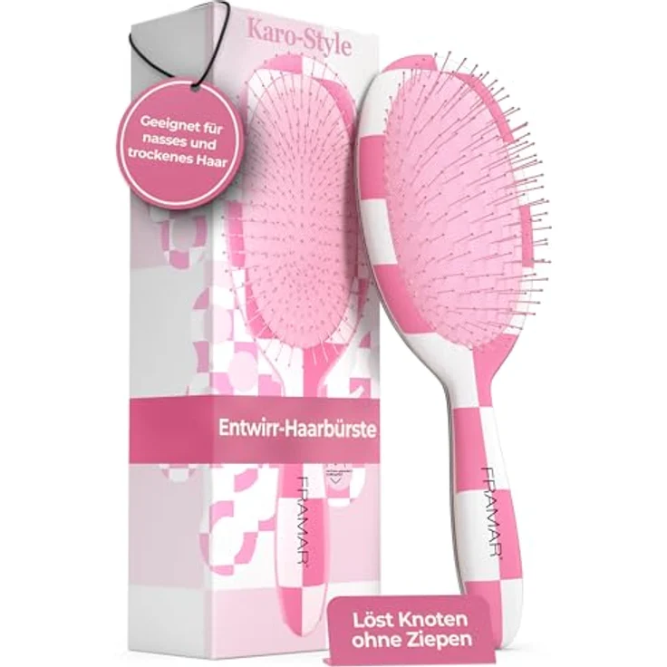FRAMAR Entwirrbürste, Kariert Rosa, Haarbürste ohne Ziepen für alle Haartypen, zeitsparend und schmerzfrei – Bild 1