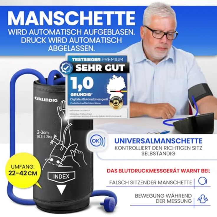 GRUNDIG Blutdruckmessgerät Oberarm, hochpräzise mit Herzrhythmusstörungen Erkennung, Risikobewertung und Manschettensitzkontrolle, schwarz – Bild 4