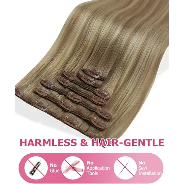 YoungSee Echthaar Extensions Clip Ombre 40 cm, Remy Haarsystem in Hellbraun mit Blond, 120g, Hitzebeständig, Schnellmontage ohne Werkzeug – Bild 5