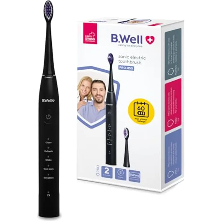 B.Well Sonic Pro-850, Elektrische Schallzahnbürste mit mehreren Putzmodi und Timer, Schwarz