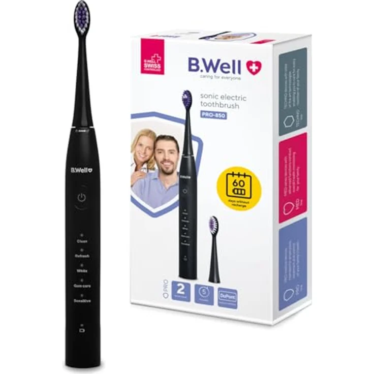 B.Well Sonic Pro-850, Elektrische Schallzahnbürste mit mehreren Putzmodi und Timer, Schwarz – Bild 1