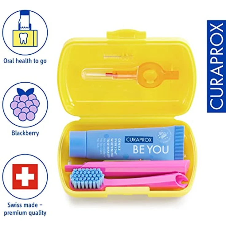 Curaprox Travel Set, Kosmetik-Reiseset für Zähne, Zunge und Zahnfleisch mit Zahnbürste, 2 Interdentalzahnbürsten und 10 ml Zahnpasta für empfindliche Zähne – Bild 2