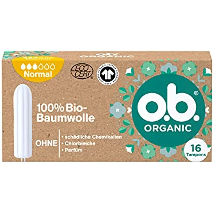 o.b. Tampon Organic Normal, aus 100% Bio Baumwolle, für mittlere bis stärkere Tage, für natürlichen Schutz, 16 Stück