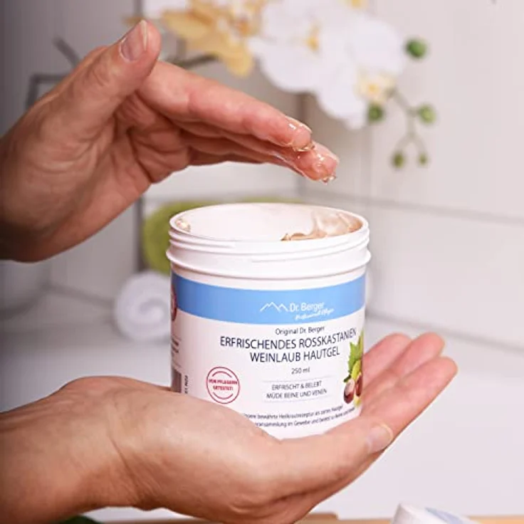 Dr. Berger erfrischendes Rosskastanien Weinlaub Hautgel 250 ml, Vitalisierend und belebend, wohltuend für Beine und Venen, Naturkosmetik, ICADA-zertifiziert – Bild 4