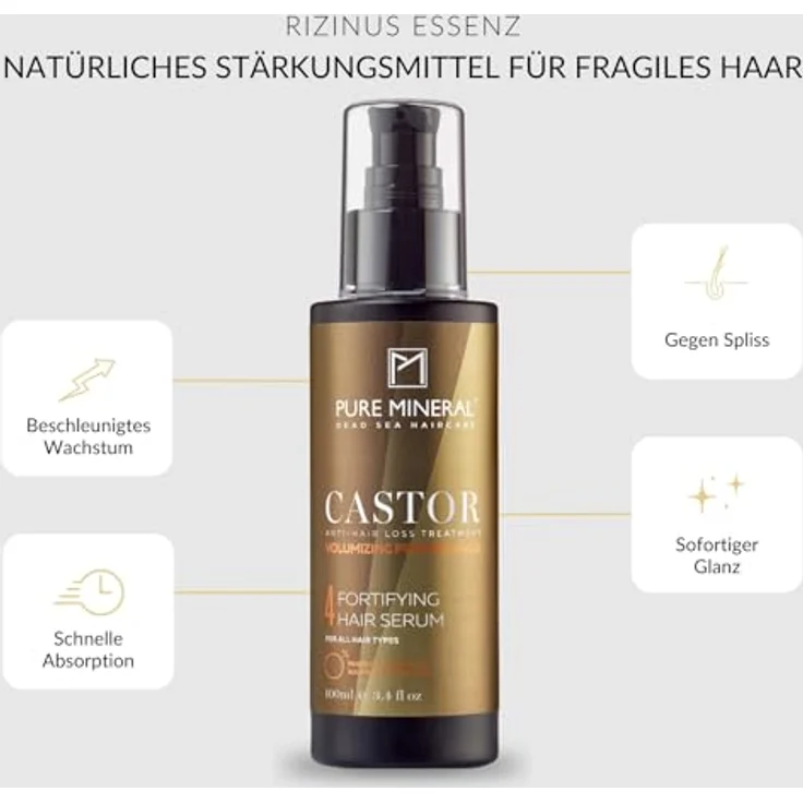 M PURE MINERAL DEAD SEA COSMETICS Pure Mineral Haarserum mit Rizinusöl, 100ml - Fördert Haarwachstum, reduziert Spliss, ohne Sulfate, Parabene und Petrolate – Bild 2