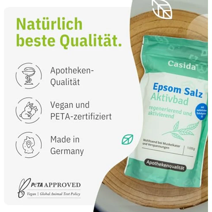 Casida Epsom Salz Aktivbad mit Rosmarinöl & Eukalyptusöl - 1000 g - Muskel- & Gelenkwohl - Original Epsom Salz – Bild 3