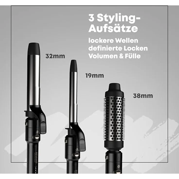 Revamp Professional Styler Multi Style Revolve 3-in-1, Rotierender Lockenstab mit 3 austauschbaren Zylindern und Temperaturstufen von 150 °C bis 210 °C – Bild 2