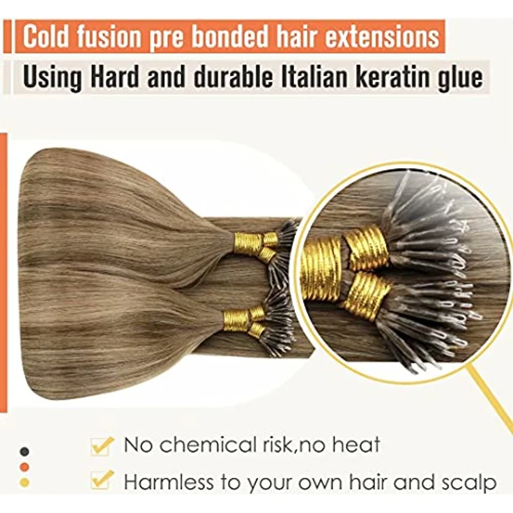 LaaVoo Nanoring Extensions Echthaar, Balayage Braun-Hellbraun Ombre #8/16/8, 50g, 45cm, ultradiskrete Anwendung ohne Hitze – Bild 3