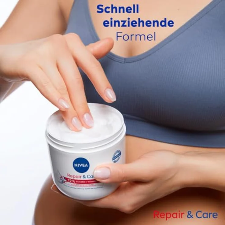 NIVEA Repair & Care Creme, feuchtigkeitsspendende & nicht fettende Körpercreme, schnell einziehende Lotion mit Vitamin E & Glycerin, für sehr trockene & raue Haut (400 ml) – Bild 3