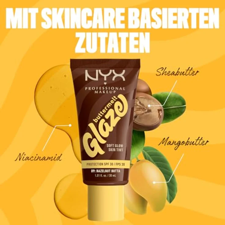 NYX PROFESSIONAL MAKEUP Foundation Buttermelt Glaze, LSF 30, Sheabutter, Mangobutter, Niacinamide, 30 ml, Farbton: 09 Hazelnut Butta – Bild 4