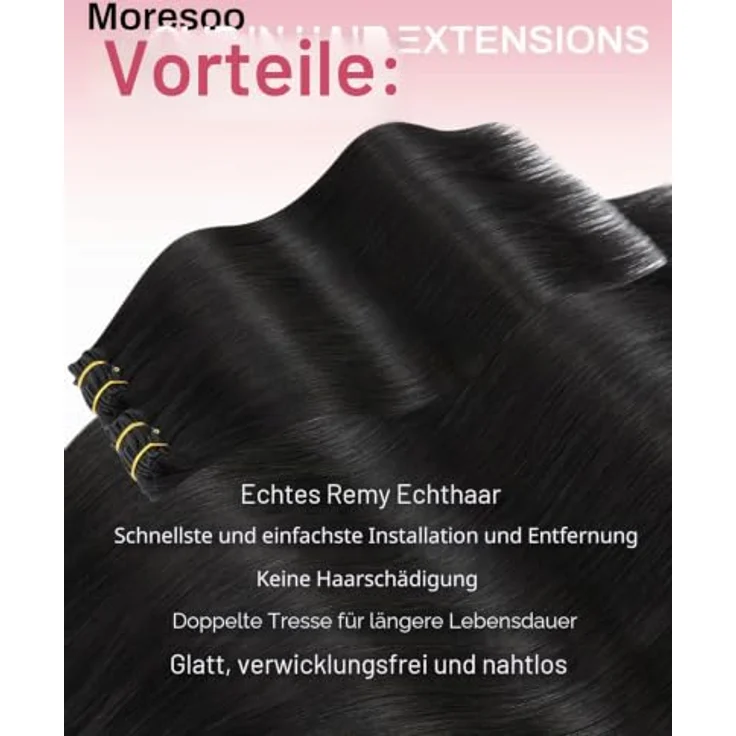 Moresoo Clip-In Echthaar Extensions, Seidig Glatt, 30 cm, 80g, Schwarz #1B, 5 Stück, Leicht und Bequem, Volumen Verstärkung – Bild 2