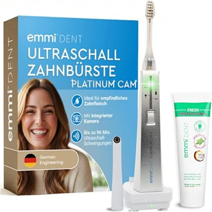 emmi-DENT Ultraschall Zahnbürste Platinum CAM in Weiß, Starter Set mit integrierter Kamera, Handteil, Ladestation, 2x Aufsatz & Zahnpasta, sanfte Plaque- & Zahnsteinreduzierung, Made in Germany – Bild 1
