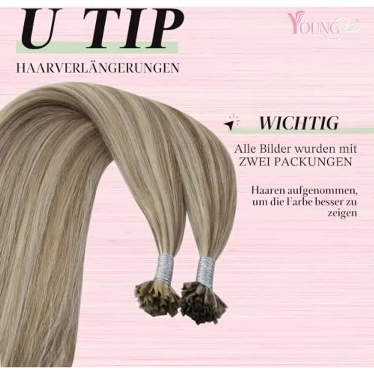 YoungSee U-Tip Echthaar Bondings, 40 cm, 40g, Braun/Hellbraun/Platinblond, Invisible Hot Fusion Extensions für natürlichen Look – Bild 2