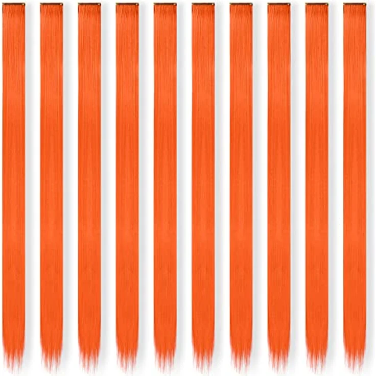 FESHFEN Farbige Haarverlängerung, 10 PCS Orange Clip-in Haarteil aus Synthetik, 55 cm, hitzebeständig und leicht zu befestigen – Bild 2