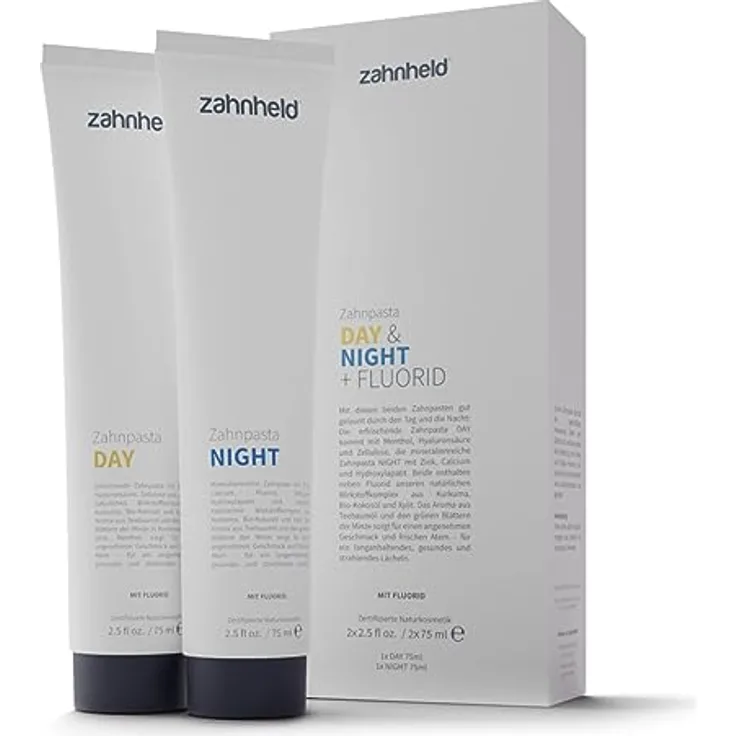 Zahnheld Zahnpasta Day & Night Zahncreme Set, 6-facher Wirkstoffkomplex mit Hyaluron, Fluorid und Minzgeschmack, 2 x 75ml Tube