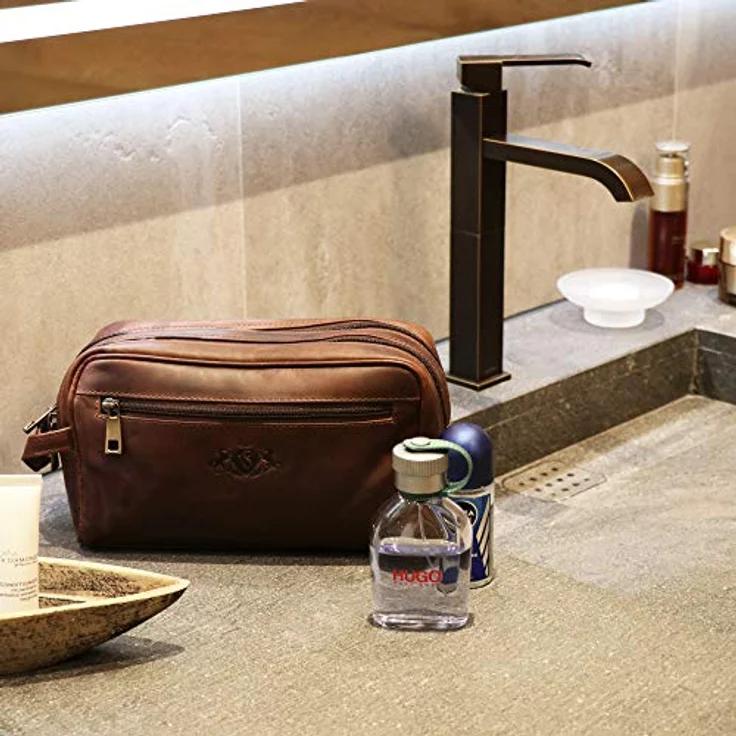 SID & VAIN Kulturtasche Herren GATWICK aus Premium Leder I Waschtasche groß für Herren und Damen I Kulturbeutel braun handgefertigt – Bild 3