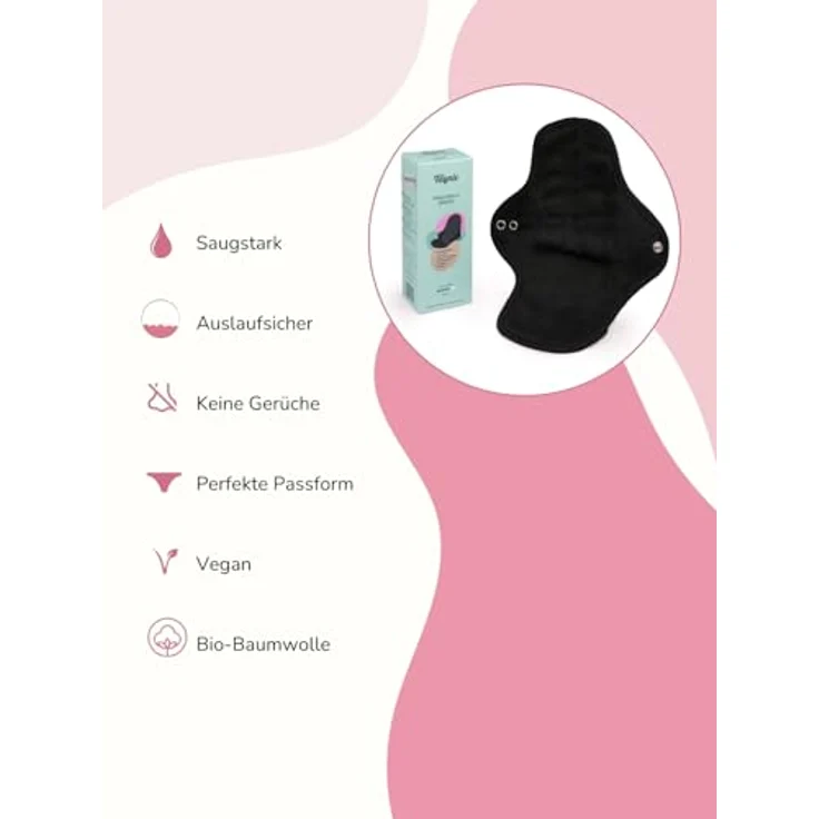 Taynie Waschbare Binde extra stark, Bio-Baumwolle, wiederverwendbare Damenbinden für starke Perioden, 60 ml Saugvolumen, schwarz – Bild 3