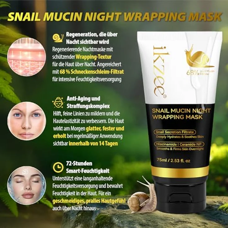 P-Beauty Gesichtsmaske Nachtmaske mit Snail Mucin & Kollagen, Feuchtigkeits- und Regenerationspflege über Nacht, 75 ml – Bild 2