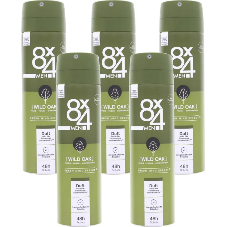8x4 Men Wild Oak, 48h Anti-Transpirant Spray mit maskulin-holzigem Duft, 5er Pack, je 150ml