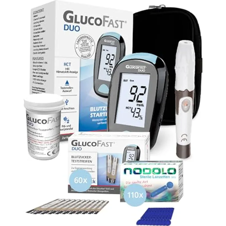 GLUCOFAST Duo Blutzuckermessgerät Bundle, inkl. 50 Teststreifen & 100 Lanzetten, präzise Messung & einfache Anwendung für sofortige Diabeteskontrolle