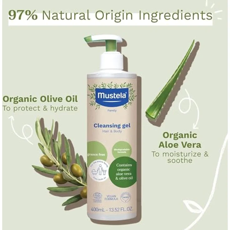 Mustela Veganes Bio-Reinigungsgel mit Olivenöl, Aloe Vera und Glycerin, 99% natürliche Inhaltsstoffe, sanfte Reinigung für Körper und Haare, für die ganze Familie, 400ml – Bild 3