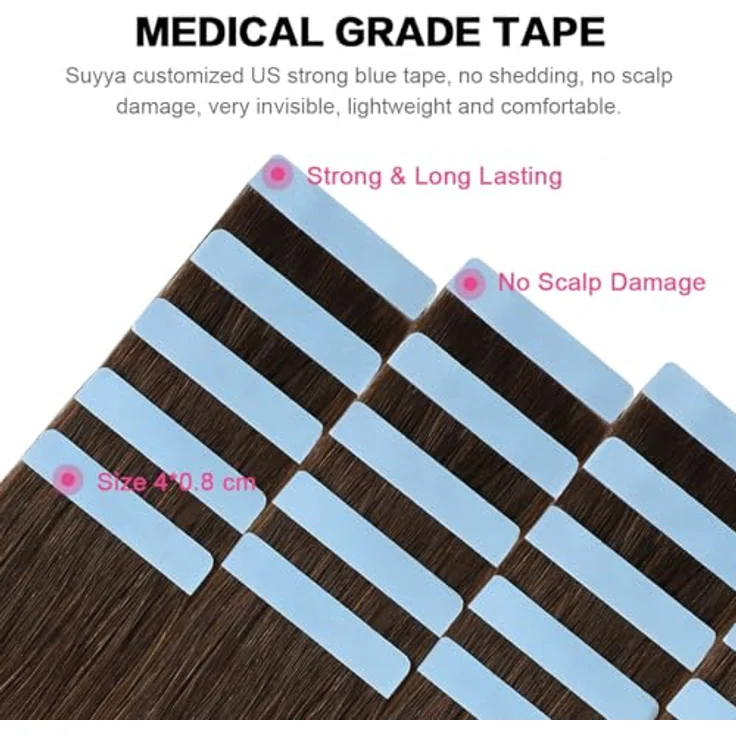 SUYYA Tape Extensions Echthaar, Invisible Tape in Extensions seidig glatt, 14 Zoll 35cm, 20 Stück 40G, #4 Schokoladenbraun – Bild 3