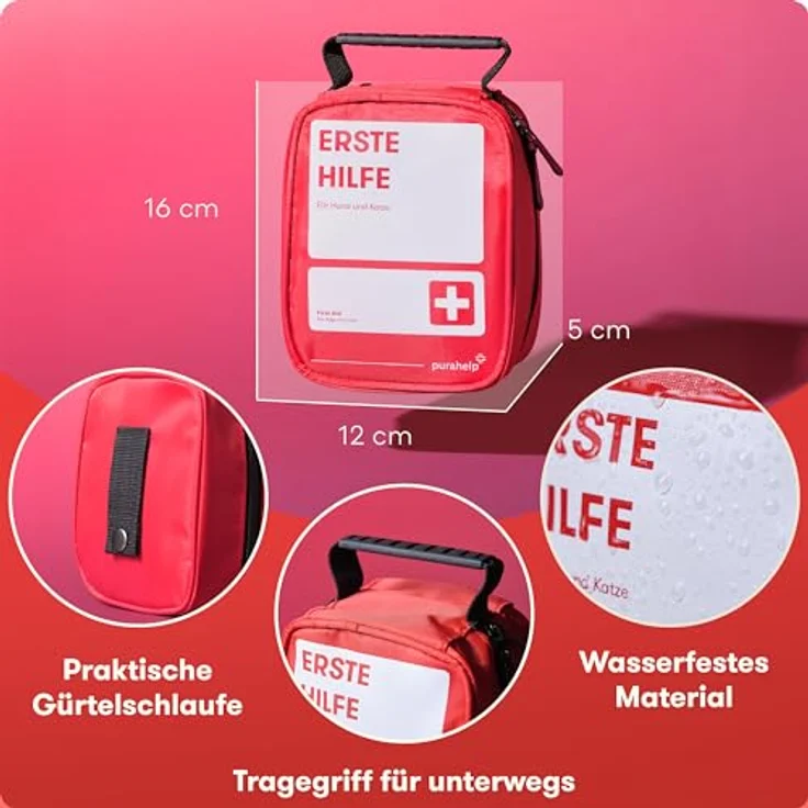 Purahelp Erste-Hilfe-Set Hund und Katze - Inkl. Zeckenzange, Pinzette, Tourniquet (51 St), Wasserdichte Tasche, Erste Hilfe Anleitung, Kompakt und tragbar, Purahelp Hundeapotheke (Blau) – Bild 6