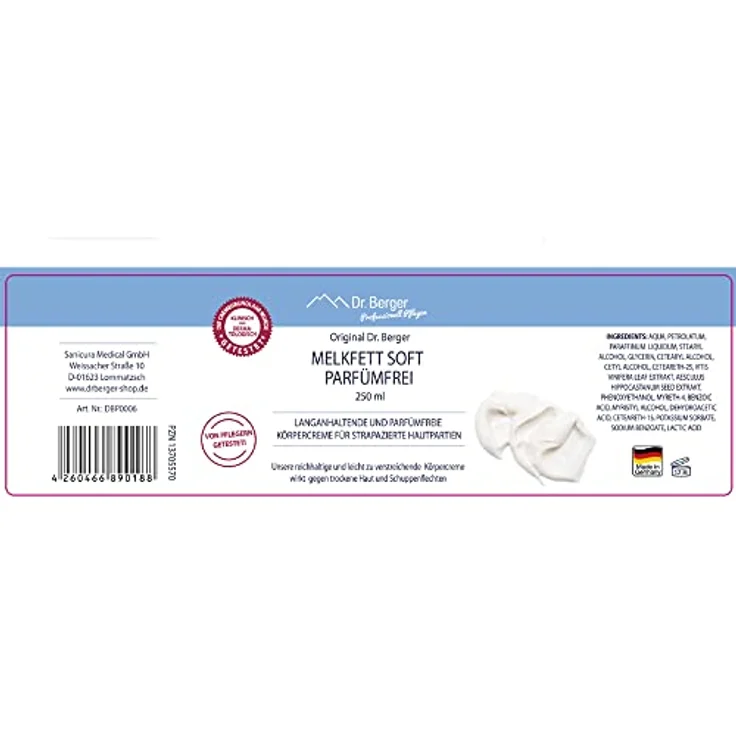 Dr. Berger Hautcreme Original Dr. Berger Sensitives Melkfett Soft, 250 ml, parfümfrei, feuchtigkeitsspendend und schützend für trockene Haut – Bild 5