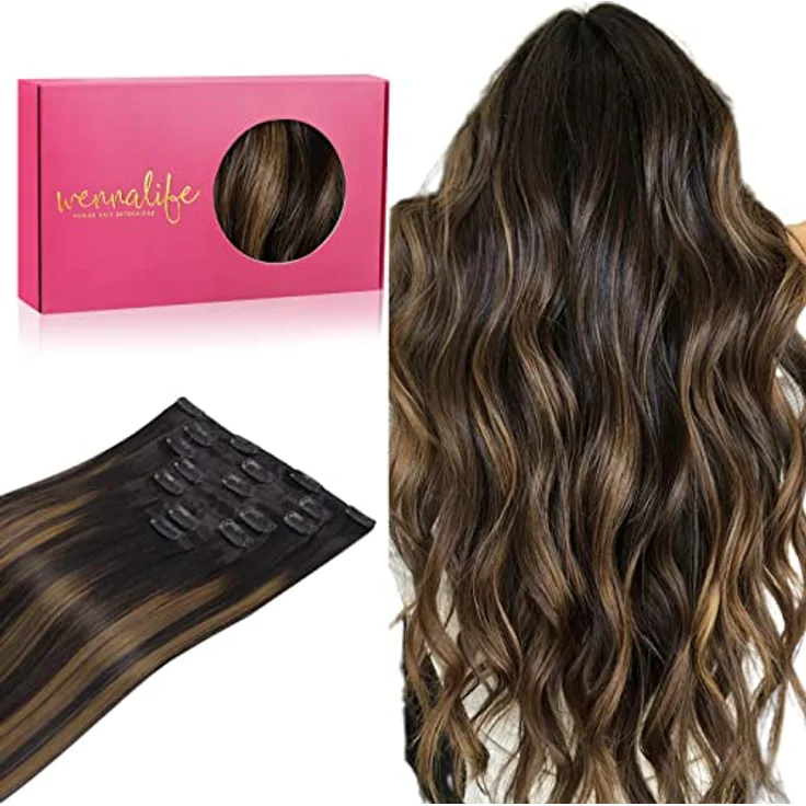 WENNALIFE Clip in Extensions Echthaar, 35cm 120g, 7pcs, Balayage Natürliches Schwarz bis Chestnut Braun, Remy Haarverlängerung – Bild 1