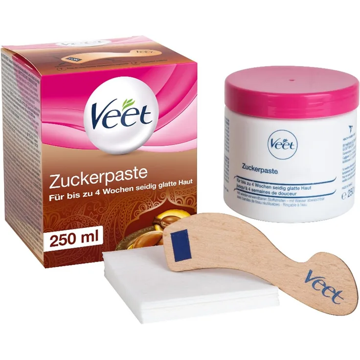 Veet Pure Zuckerpaste für Körper & Gesicht, 250 ml, langanhaltende Haarentfernung mit Vanilleblütenduft, inkl. Holzspatel & Stoffstreifen