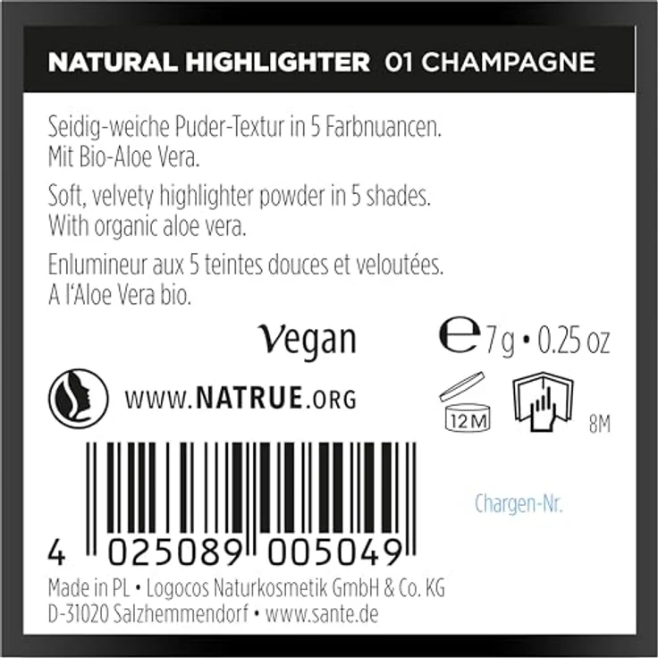 SANTE Naturkosmetik Natural Highlighter 01 Champagne, seidig-weicher Puder-Highlighter mit Bio-Aloe Vera und NaTrue-Zertifizierung, 7g – Bild 2