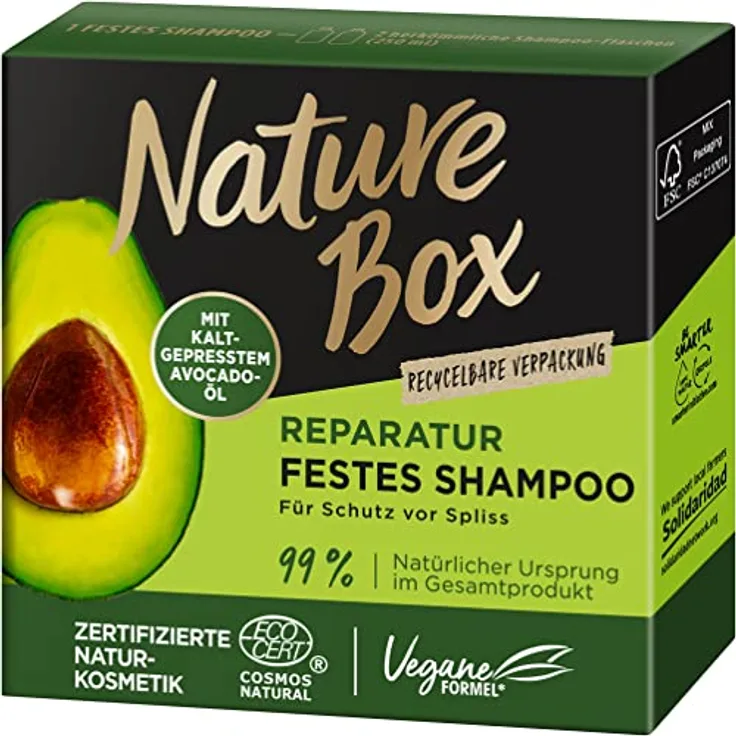 Nature Box festes Shampoo Reparatur (85 g), Reparatur-Shampoo mit Avocado-Öl repariert das Haar und schützt vor Spliss, recycelbare Verpackung