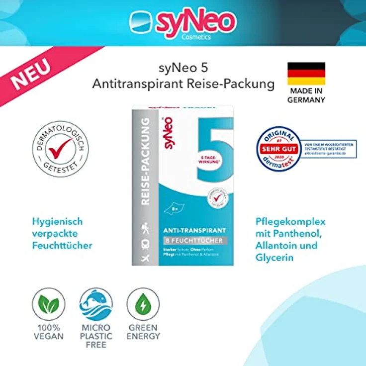 syNeo syNeo 5 Antitranspirant Deo Tücher für Damen und Herren, Anti Schweiß Deotücher gegen starkes Schwitzen, Anti Transpirant Antiperspirant, 3er Pack (24 x 2,5 ml) – Bild 2