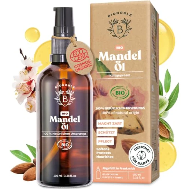 BIONOBLE Mandelöl Bio Kaltgepresst, 100ml, mehrfach einsetzbar für Baby, Massage, Haut- und Haarpflege, vegan, 100% natürlich – Bild 1