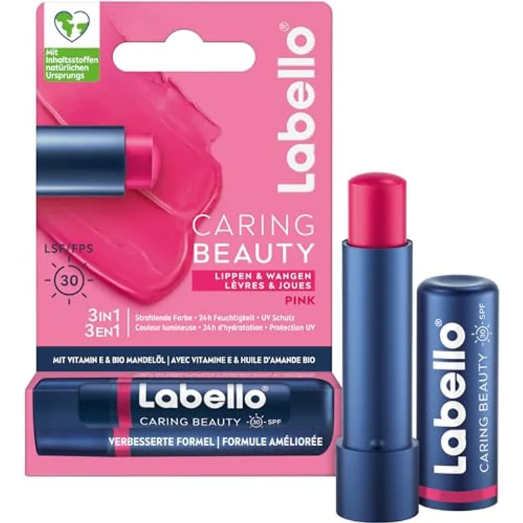 Labello Caring Beauty Pink Lippenpflegestift, farbige Lippenpflege mit LSF 30, Vitamin E & Bio-Mandelöl, 3in1 Formel für Lippen & Wangen (4,8 g)