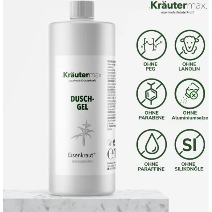 Kräutermax Eisenkraut Duschgel auch als Shampoo Seife Flüssig und Flüssigseife 1 x 1000 ml, mit natürlichen Zutaten und erfrischender Wirkung – Bild 2