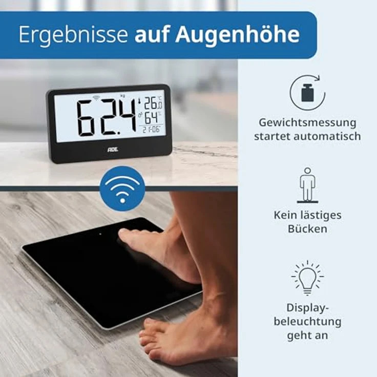 ADE Digitale Personenwaage Ronja mit Funk-Display bis 180 kg, ablesbar auf Augenhöhe, ideal für Senioren, mit Baduhr, Hygrometer und Innenthermometer, schwarz – Bild 3