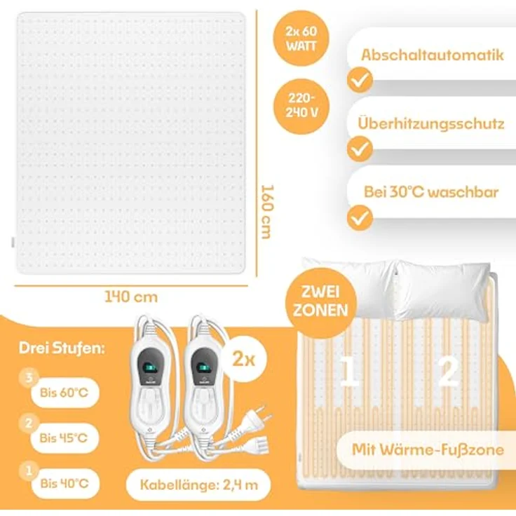 KESSER Wärmeunterbett mit Abschaltautomatik Fernbedienung Heizdecke mit 3 Temperaturstufen Wärmebettunterlage fürs Bett Matratzenheizung Wärmedecke aus weichem Vlies Heizkissen 160x140cm, Weiß – Bild 8