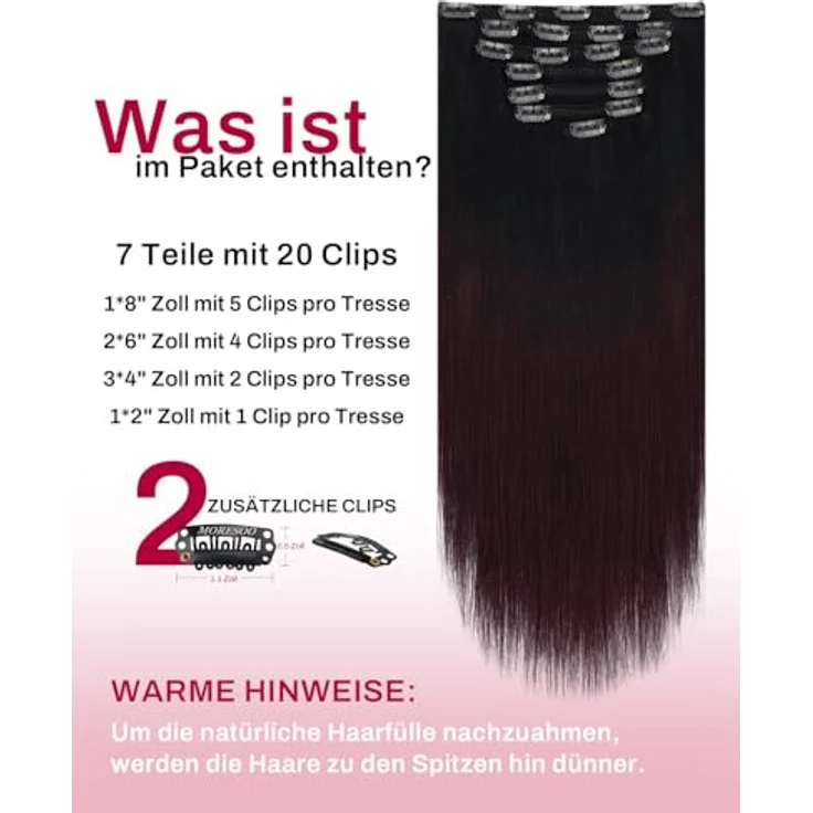 Moresoo Clip in Extensions Echthaar 60 cm, 7 Stück 120g, Schwarz und Weinrot #1B/99J, Weiches Glattes Haar, Salon Qualität, Langlebig und Leicht zu Tragen – Bild 3