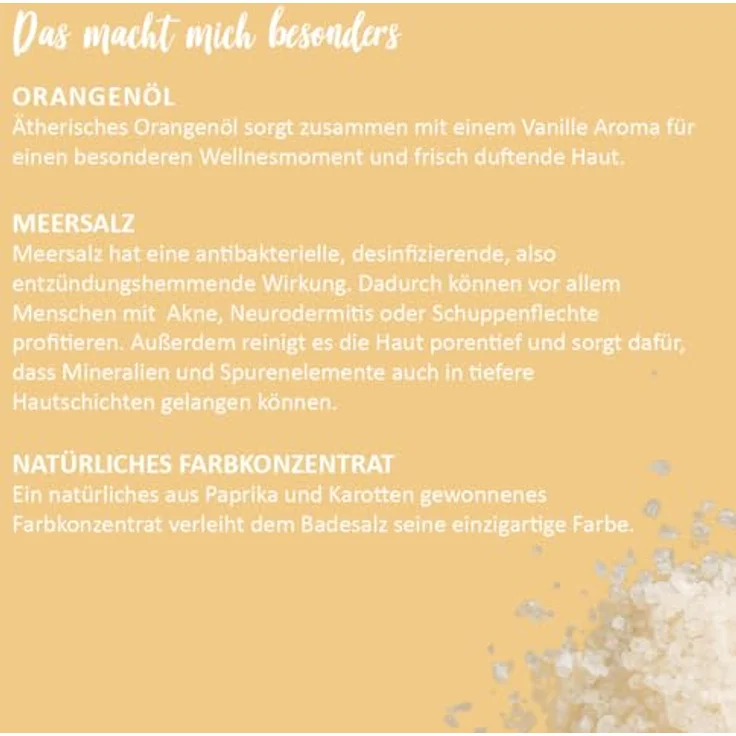 puremetics Badesalz - Vanille-Orange, 400 g, Aromatherapie für die Badewanne, Totes Meer Salz, fruchtig-warmer Duft – Bild 3